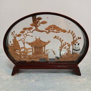 Chinese Cork Diorama-Pandas in Garden with Pagoda and Trees